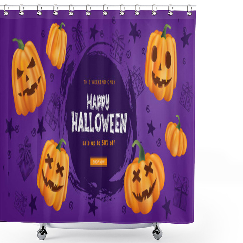 Personality  Halloween Sale, Pumpkins, Bat. Hand Drawn Illustration. Vector. Shower Curtains