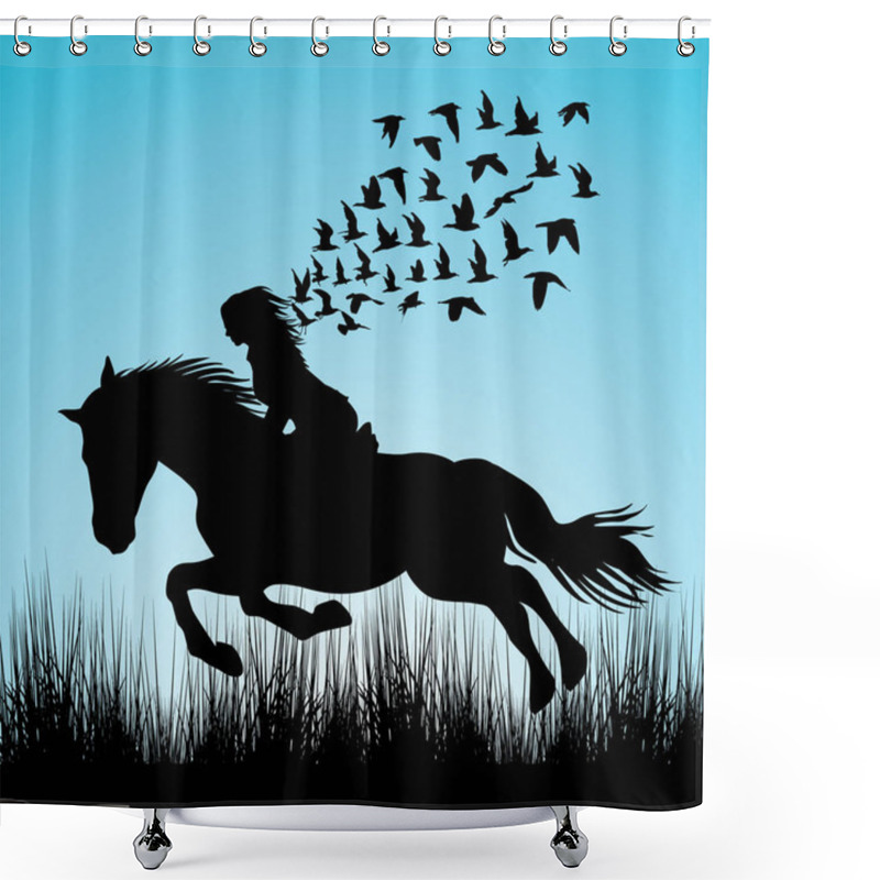 Personality  Illustration Of Woman Riding A Horse And Birds Flying Shower Curtains