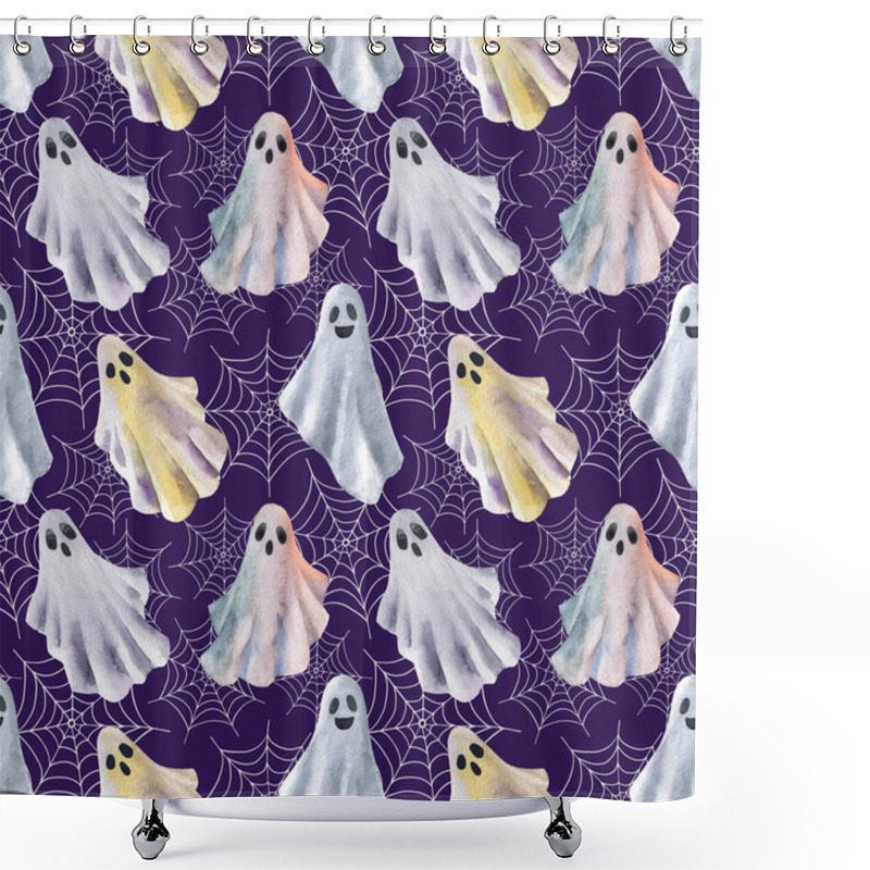 Personality  Funny Halloween Ghosts Watercolour Seamless Pattern. Halloween Illustration. Hand Drawn Style. Cute Little Ghosts With Spider Web On Web Background. Shower Curtains