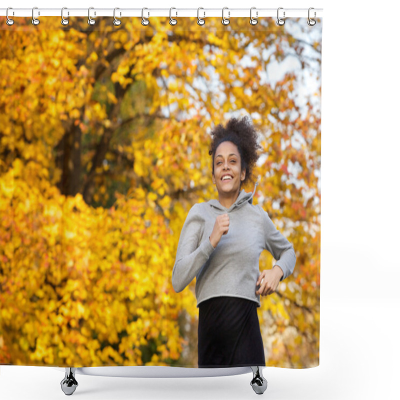 Personality  Smiling Young Sports Woman Running Outdoors Shower Curtains