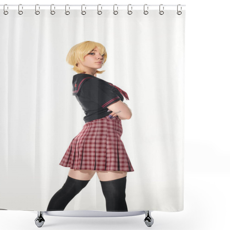 Personality  Confident Anime Style Woman In Yellow Blonde Wig And School Uniform With Folded Arms On White Shower Curtains