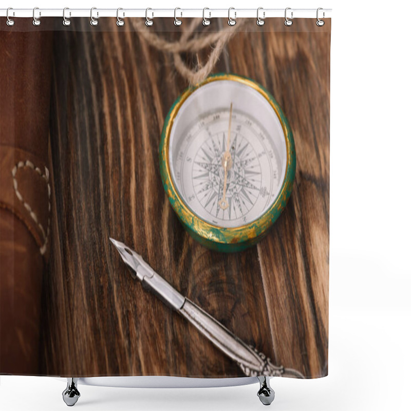 Personality  Close Up View Of Compass Near Nib On Brown Wooden Surface Shower Curtains