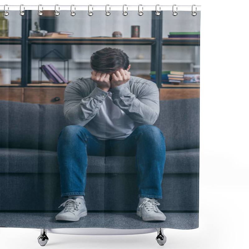 Personality  Sad Man Sitting On Couch And Covering Face With Hands At Home, Grieving Disorder Concept Shower Curtains