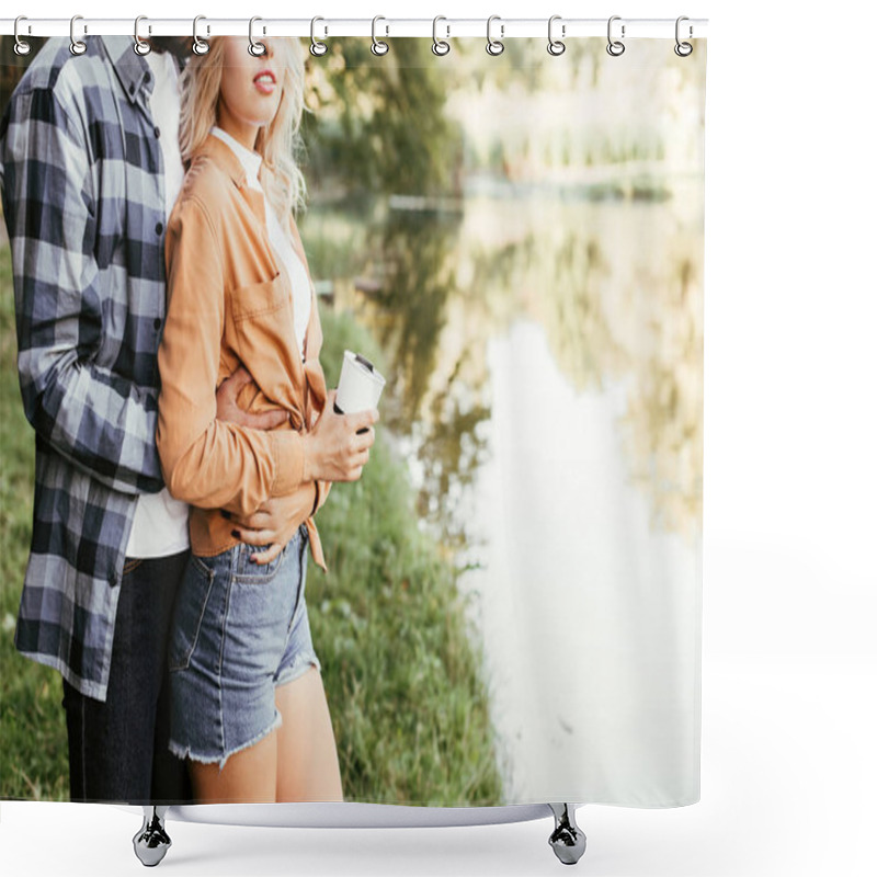 Personality  Cropped View Of Young Man Embracing Smiling Girlfriend While Standing Near Lake In Park Shower Curtains