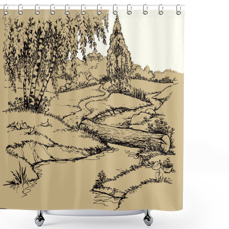 Personality  Calm Old Brook Rivulet Reed Bank Wooden Dirt Track Way Scene Outline Black Ink Hand Drawn Picture Art Retro Vintag Line Style. Quiet Grass Bush Shrub Plant Travel Scenic View White Text Space Backdrop Shower Curtains