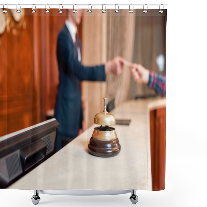 Personality  Always Hear You. Young Executive At The Reception Desk Of A Hotel Working In The Background. Focus On A Service Bell Shower Curtains