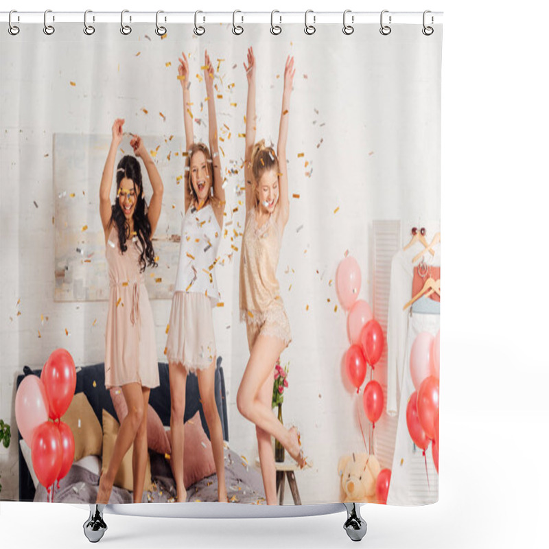 Personality  Beautiful Multicultural Girls In Nightwear Dancing And Having Fun Under Falling Confetti During Pajama Party Shower Curtains