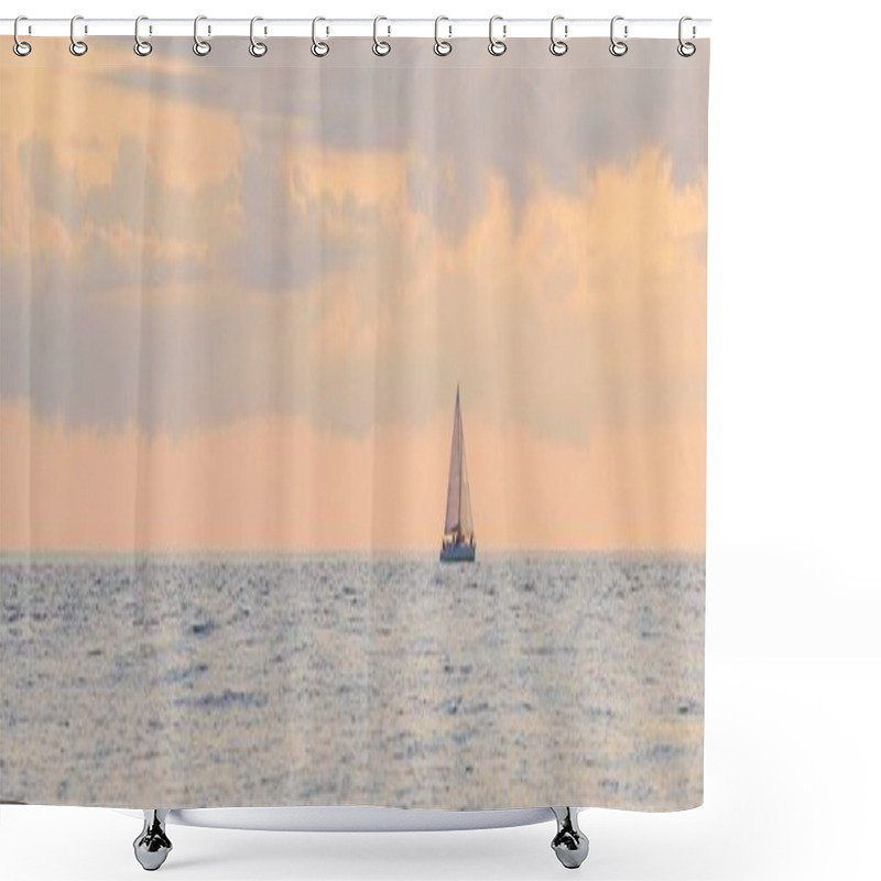 Personality  Epic Sunset Sky Above The Baltic Sea Shore, Sailing Boat (sloop Rigged Yacht) Close-up. Glowing Golden Clouds, Warm Sunlight. Dramatic Cloudscape. Latvia Shower Curtains