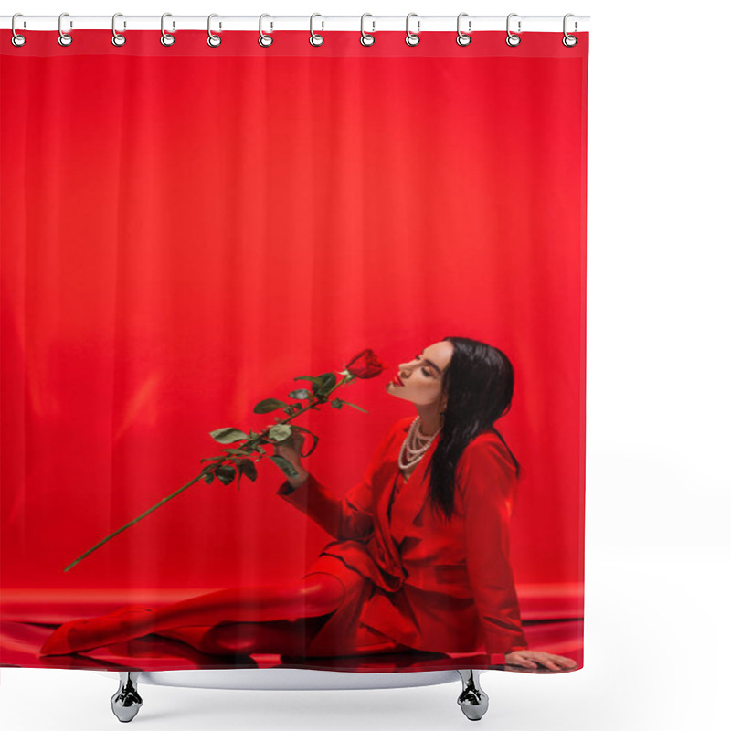 Personality  Pretty Brunette Woman In Jacket Smelling Rose While Sitting On Red Background  Shower Curtains