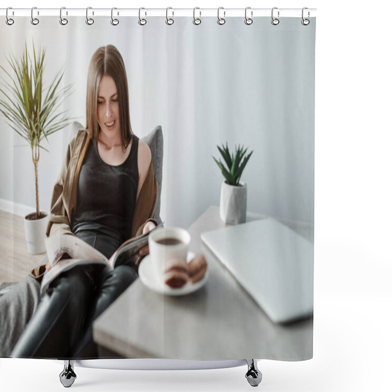 Personality  Young Adult Girl Reads A Magazine Sitting On Sofa Shower Curtains