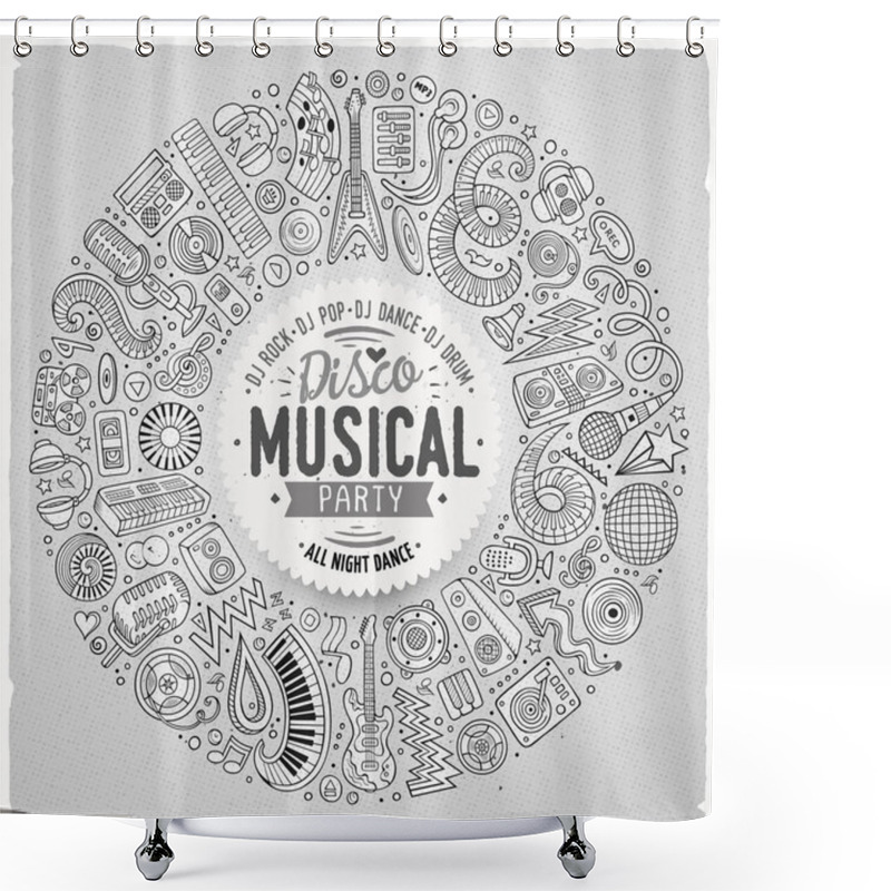 Personality  Set Of Vector Cartoon Doodle Musical Objects Collected In A Round Border. Disco Music Card Design Shower Curtains