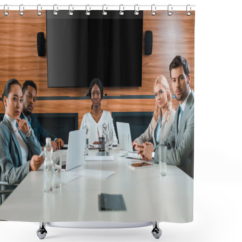 Personality  Young, Confident Multicultural Businesspeople Sitting In Conference Hall With Lcd Screen On Wall Shower Curtains