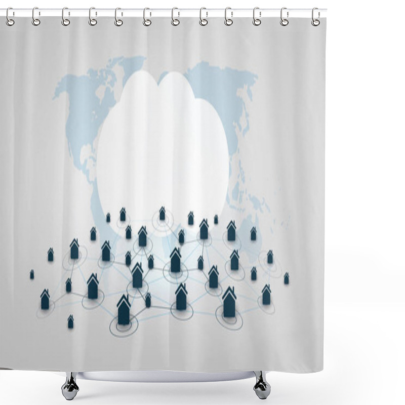 Personality  Home Offices, Remote Work, Cloud Computing - Work At Home And Make Social Connections Through The Internet Only - Design Concept With Symbolic Network Of Houses - Vector Illustration Shower Curtains