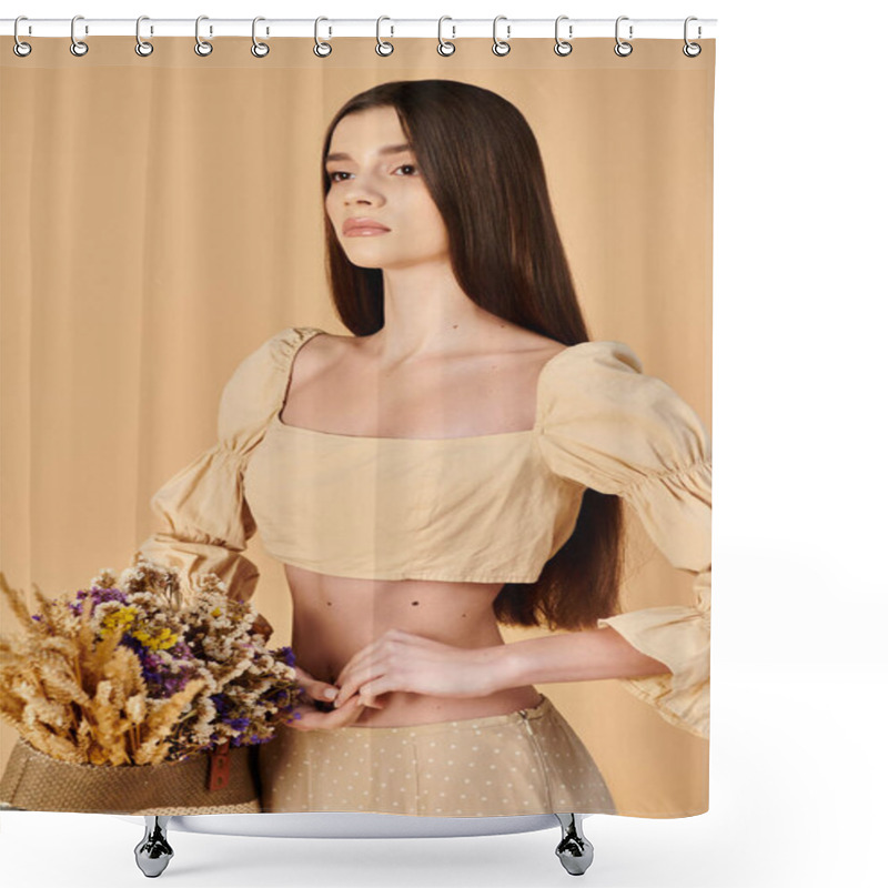 Personality  A Young Woman With Long Brunette Hair Poses In A Crop Top, Holding A Vibrant Bouquet Of Flowers In A Studio Setting. Shower Curtains