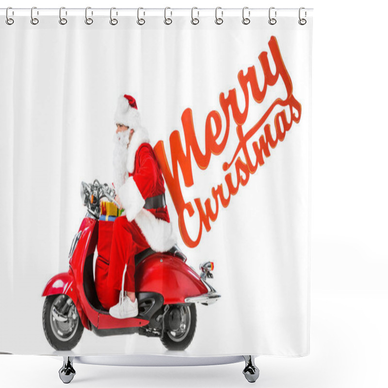 Personality  Santa Claus With Big Red Bag Full Of Gifts Riding Red Scooter, Isolated On White With Merry Christmas Sign Shower Curtains