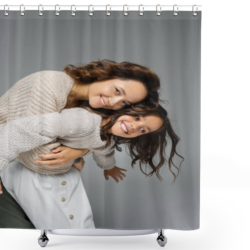 Personality  Cheerful Woman Embracing Girl In Trendy Autumn Outfit And Smiling At Camera Isolated On Grey Shower Curtains