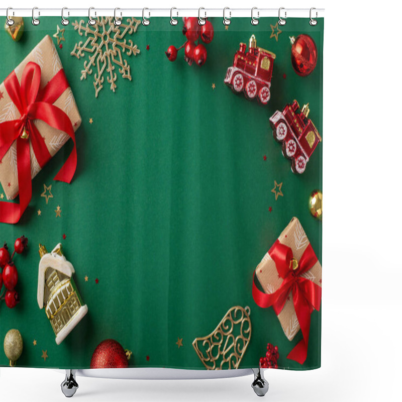 Personality  Time For New Year Delights! Top View Of Gifts, Baubles, Snowflake, And Other Imaginative Christmas Tree Toys On Green Canvas. Mistletoe Berries And Confetti Scattered, Leaving Space For Your Message Shower Curtains