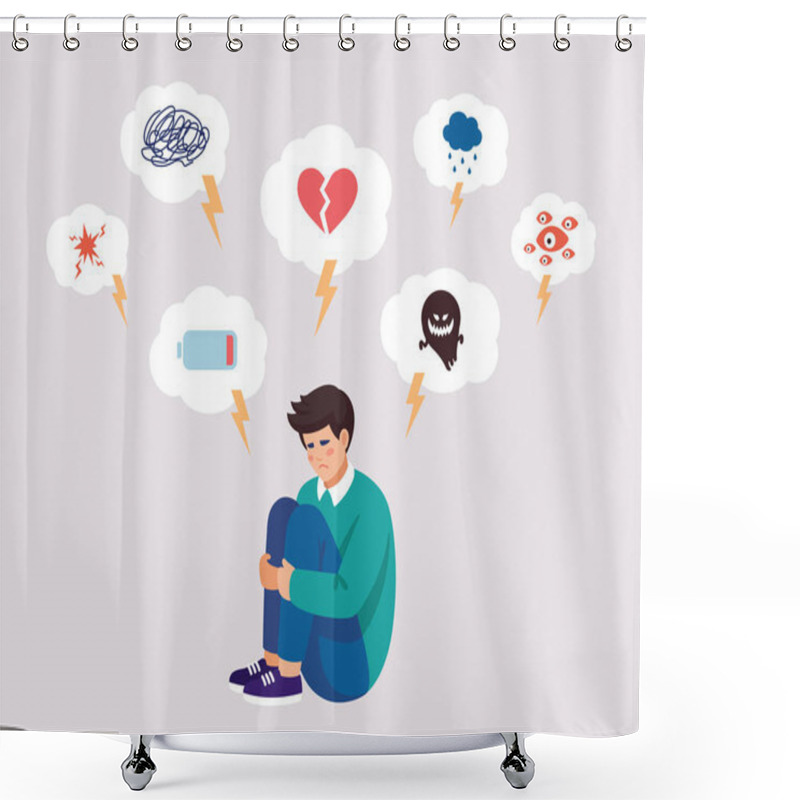 Personality  Vector Illustration About Mental Problems In Flat Style. Boy, Young Man, Teenager Kid Is Surrounded By Symptoms Of Depressive Disorder. Shower Curtains