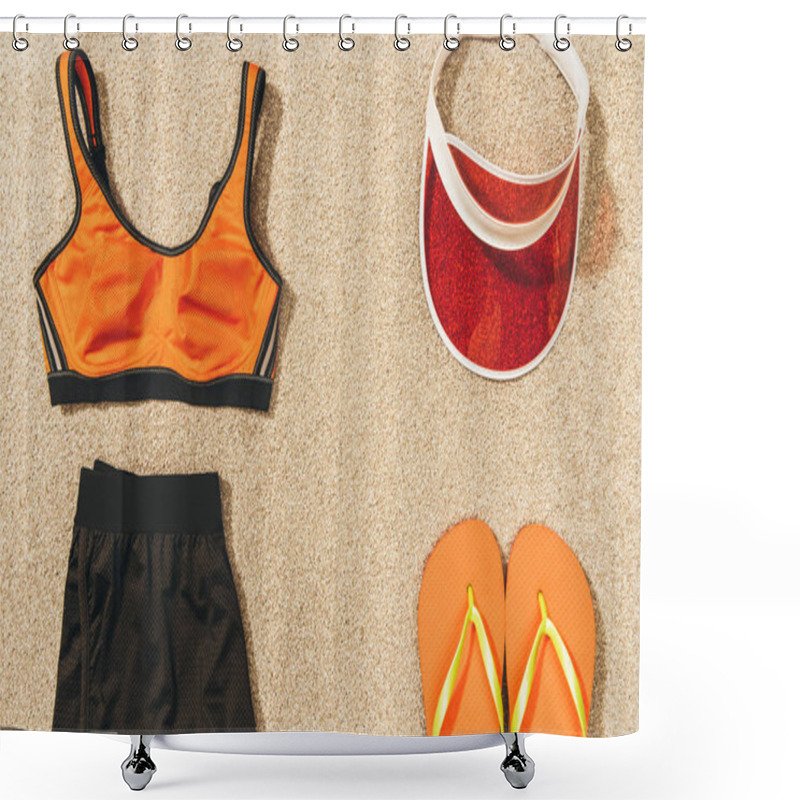 Personality  Top View Of Cap, Flip Flops And Feminine Sportswear Arranged On Sand Shower Curtains