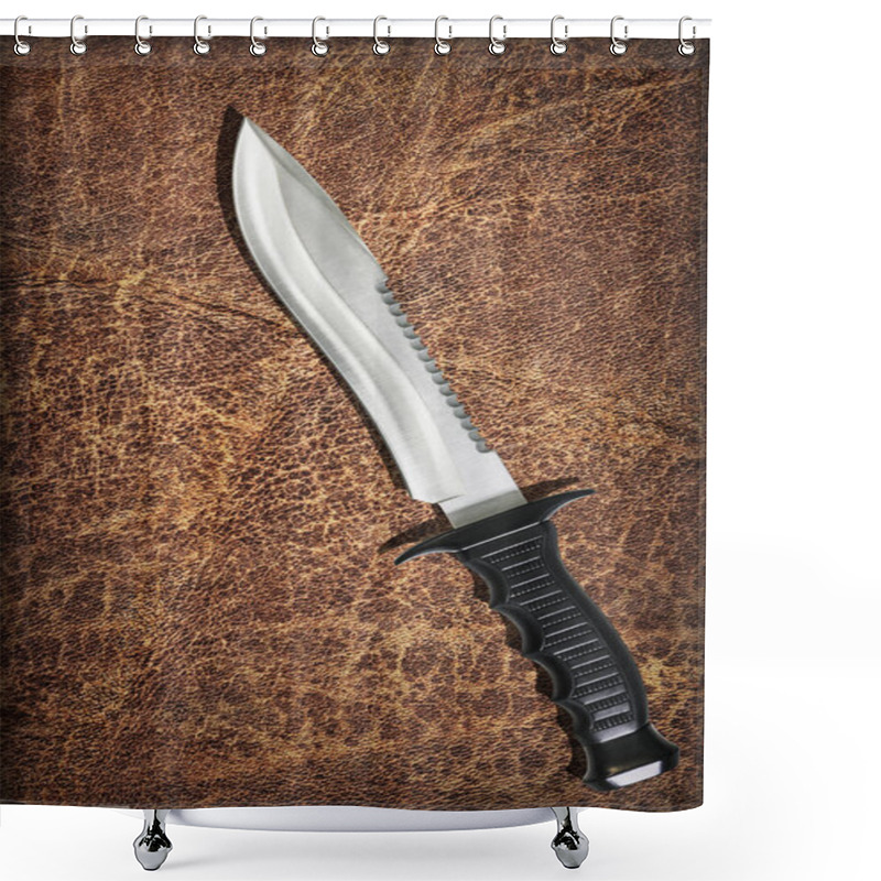 Personality  Combat Hunting Survival Sawback Bowie Knife Set On Old Weathered Wizened Brown Cowhide Vignetted Grunge Background Shower Curtains