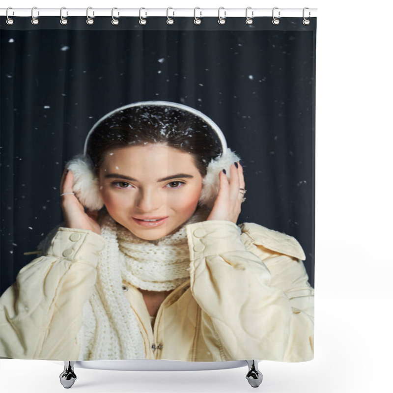 Personality  A Woman Embraces The Winter Season, Smiling As Soft Snowflakes Gently Fall Around Her. Shower Curtains