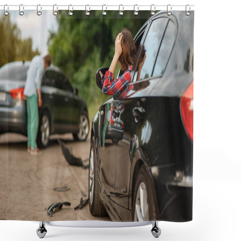 Personality  Male And Female Drivers After Car Accident On Road. Automobile Crash. Broken Automobile Or Damaged Vehicle, Auto Collision On Highway Shower Curtains