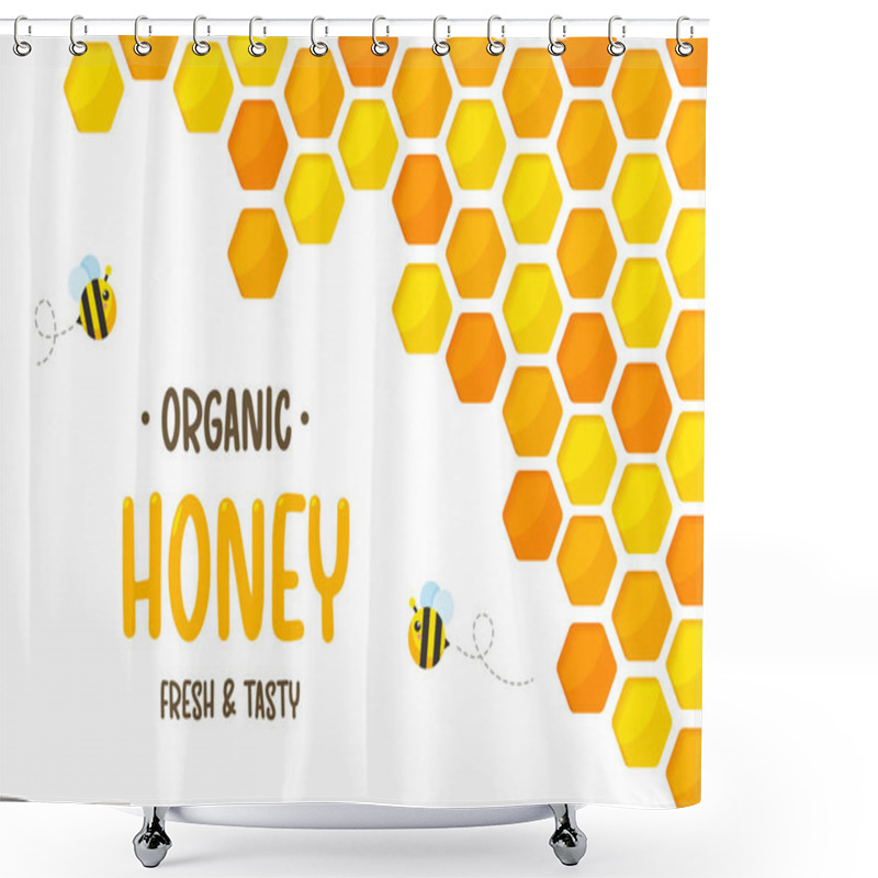 Personality  Hexagonal Golden Yellow Honeycomb Pattern Paper Cut Background With Bee And Sweet Honey Inside. Shower Curtains