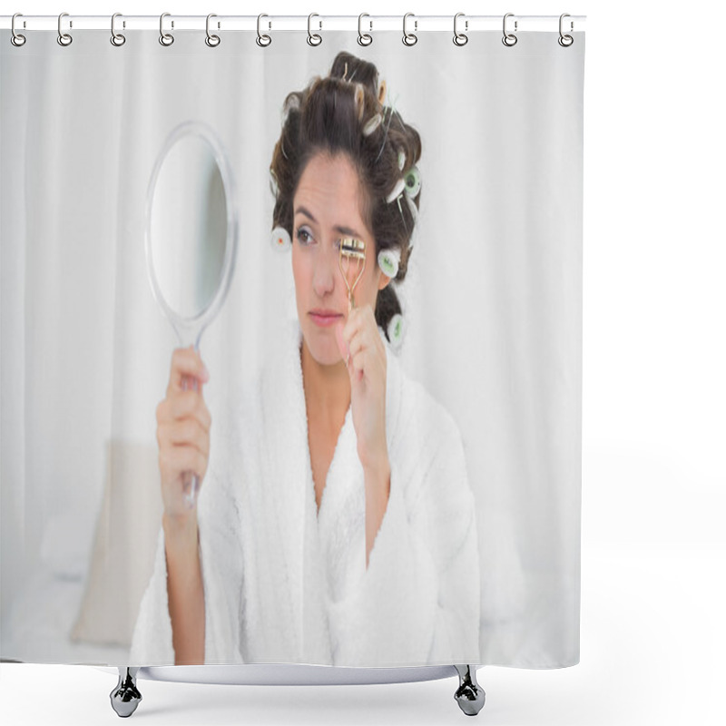 Personality  Natural Brunette Using Eyelash Curler Shower Curtains