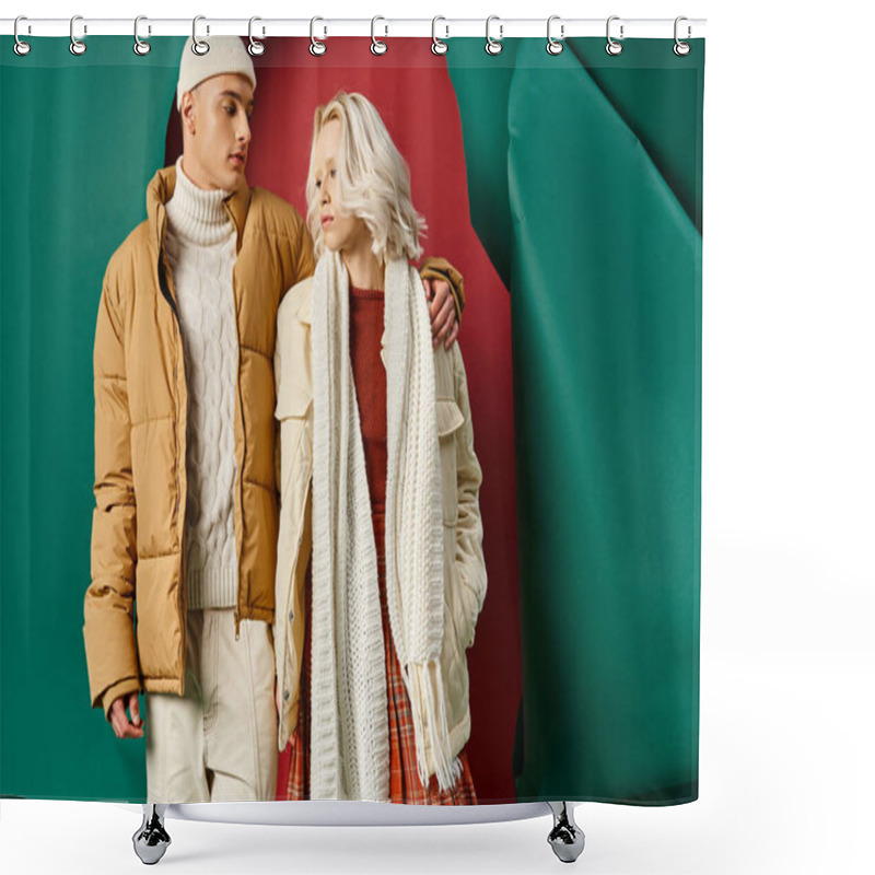 Personality  Young Man In Beanie Hugging Attractive Woman In Winter Outerwear On Red With Turquoise Backdrop Shower Curtains