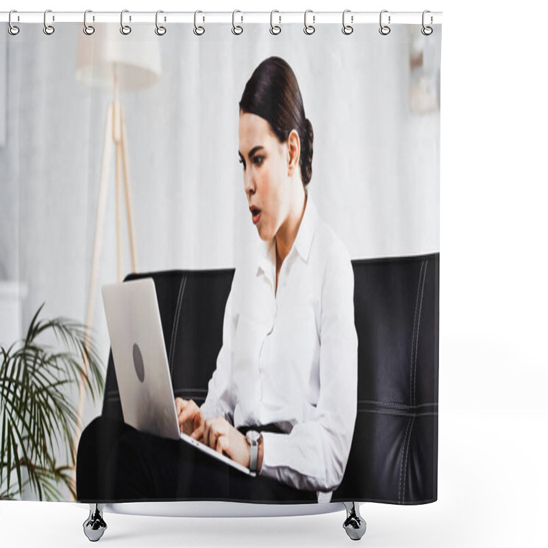 Personality  Surprised Businesswoman Sitting On Couch And Typing On Laptop In Office Shower Curtains