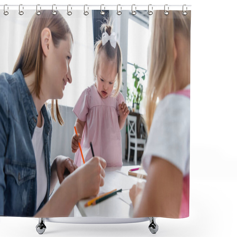 Personality  Cheerful Kindergarten Teacher Drawing And Looking At Blurred Toddler Kid With Down Syndrome  Shower Curtains