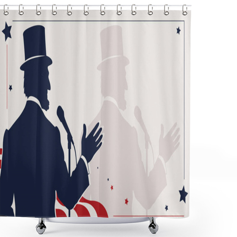 Personality  Abraham Lincoln Silhouette In A Formal Pose For Presidents' Day Lower Third Graphic. Patriotic Stars And Stripes Add Elegance, Perfect For American History Or Holiday-themed Projects. Shower Curtains