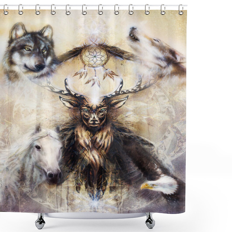 Personality  Sacred Ornamental Deer Spirit With Dream Catcher Symbol And Animals. Shower Curtains