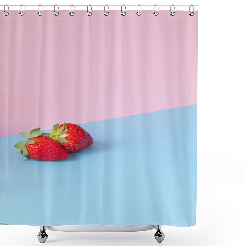 Personality  Minimalist Image Of A Couple Of Strawberries On A Light Blue And Pink Background. Copy Space Available. Shower Curtains