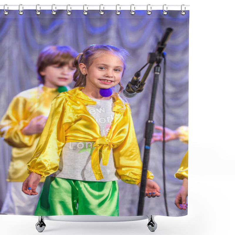 Personality  Odessa, Ukraine - December 24, 2015: Children's Musical Groups Singing And Dancing On Stage In Bright Colorful Clothes. Emotional, Touching Children's Musical Stage Show. Shower Curtains