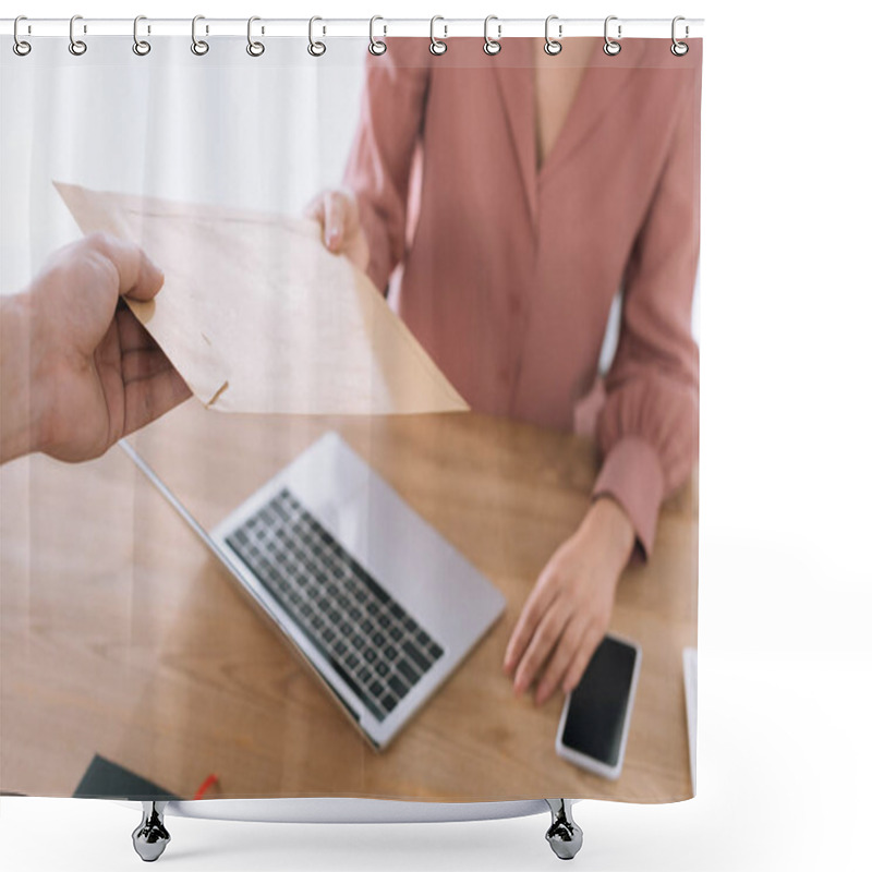 Personality  Cropped View Of Courier Giving Envelope To Businesswoman At Table  Shower Curtains