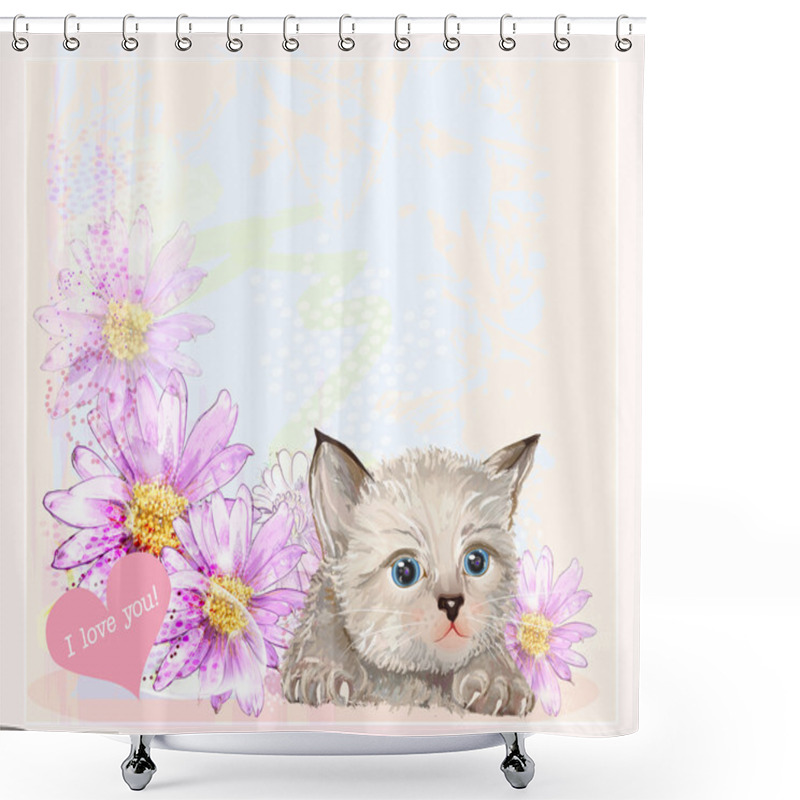 Personality  Greeting Card With Little Fluffy Kitten And Gerberas Shower Curtains