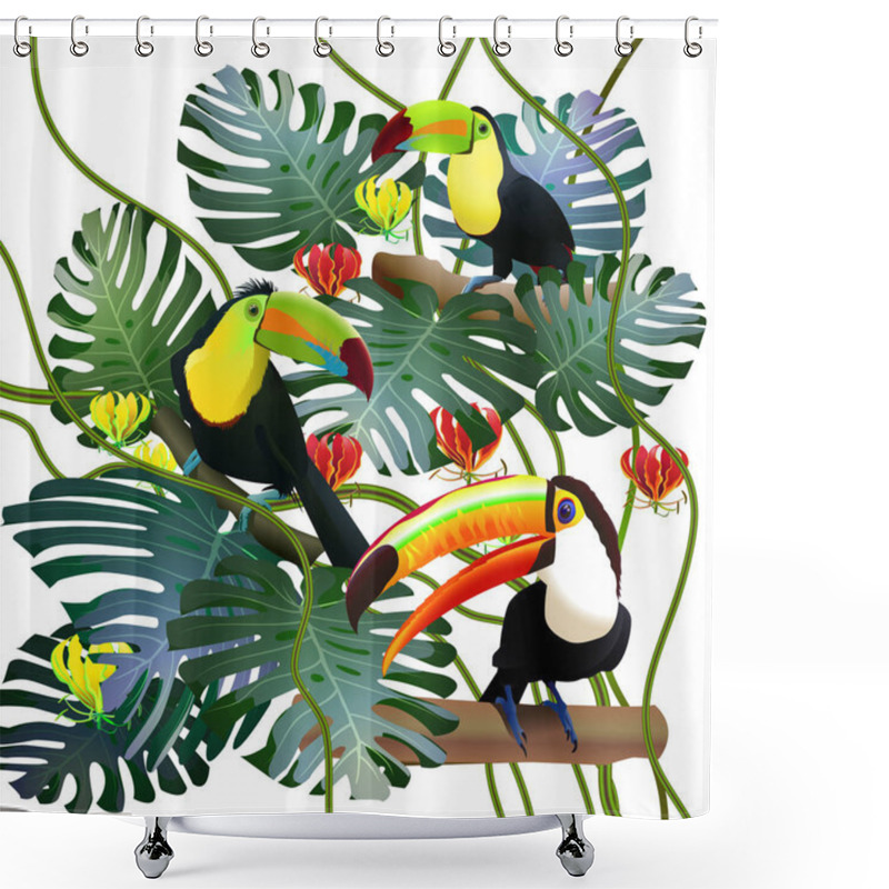 Personality  Toucans In Tropical Forests Among Monstera Leaves And Flowers Gl Shower Curtains