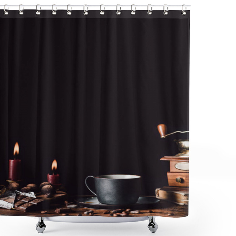 Personality  Close Up Image Of Cup Of Coffee At Wooden Table With Chocolate, Truffles,coffee Grains And Candles On Black Background  Shower Curtains