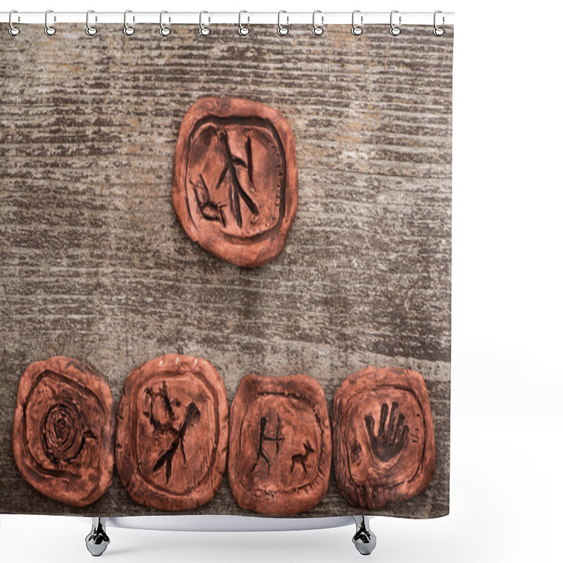 Personality  Top View Of Shamanic Clay Amulets On Wooden Background Shower Curtains