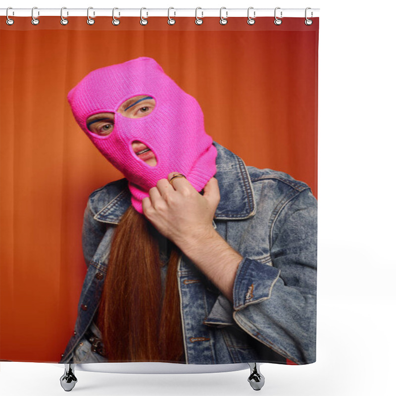 Personality  A Young Man With Long Red Hair Displays Emotions In A Pink Ski Mask On An Orange Backdrop. Shower Curtains