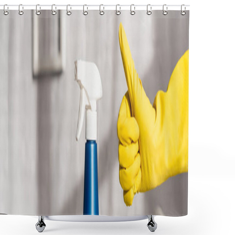 Personality  Cropped View Of Person In Rubber Glove Showing Like Gesture Near Detergent With Sprayer, Banner  Shower Curtains