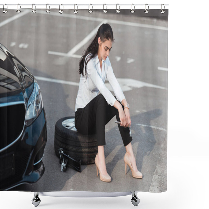 Personality  Woman Sitting On Tire With Wrench Shower Curtains