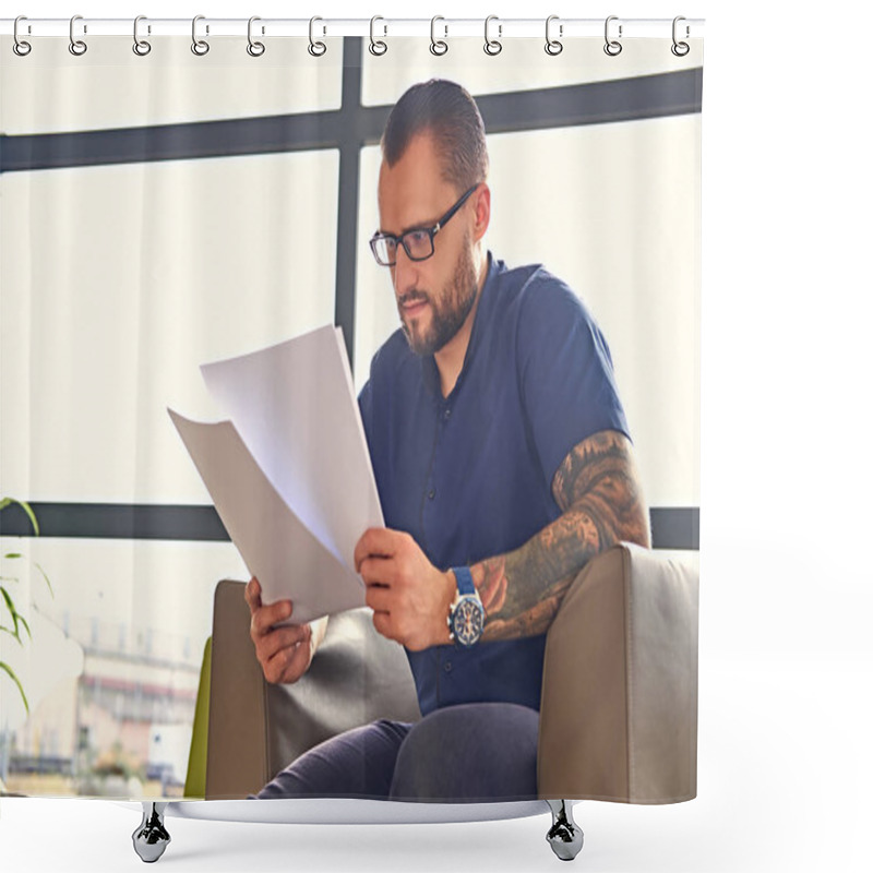 Personality  Bearded Man Reading Document  Shower Curtains