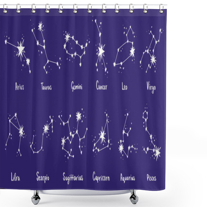 Personality  Constellations Vector Set. Zodiac Signs. Lettering: Leo, Virgo, Scorpio, Libra, Aquarius, Sagitarius, Pisces, Capricorn, Taurus, Aries, Gemini, Cancer Shower Curtains