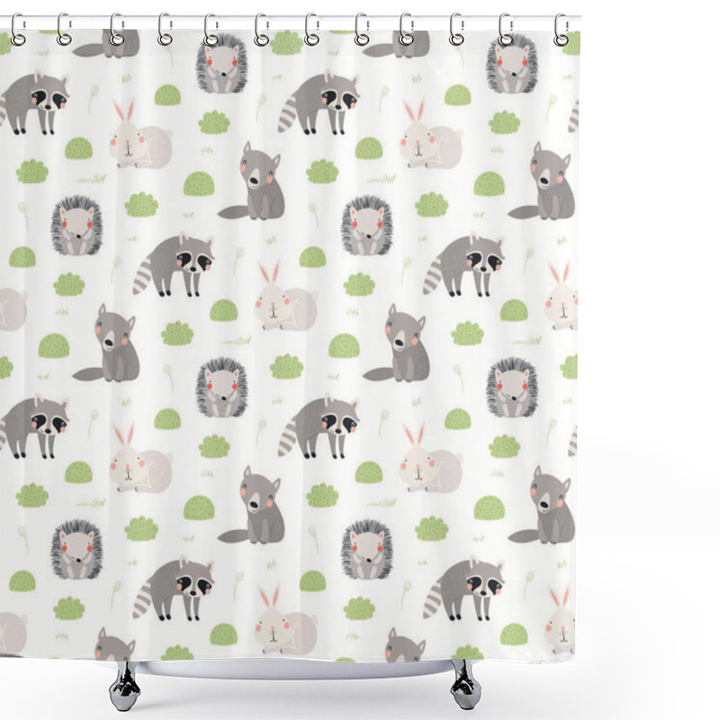 Personality  Cute Woodland Animals And Bushes Seamless Pattern On A White Background. Hand Drawn Vector Illustration. Scandinavian Style Flat Design. Concept For Kids Textile  Shower Curtains