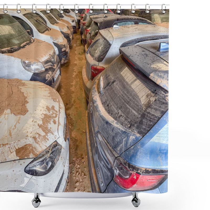 Personality  SEDAVI, VALENCIA SPAIN - DECEMBER 4 2024: After Dana Floods In Valencia Province On October 29th 2024 Thousands Of Wrecked Cars, Impacting Countless Families, And Claiming Over 200 Human Lives. Shower Curtains