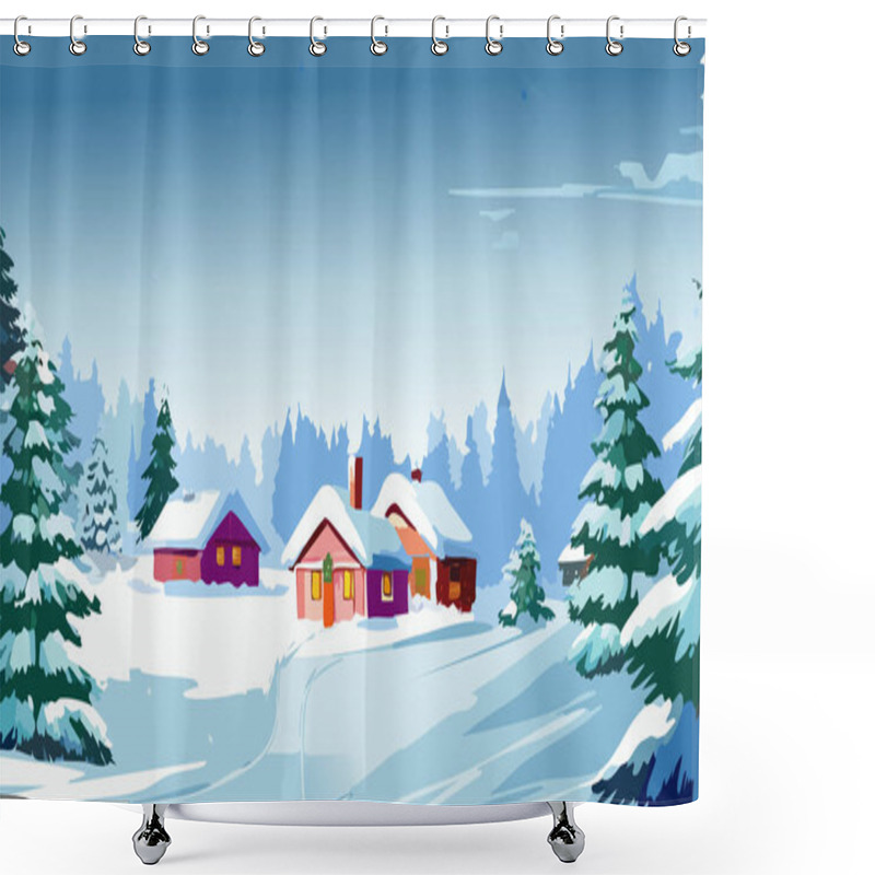 Personality  Winter Landscape With Snow Covered Trees And Houses. Vector Cartoon Illustration. Shower Curtains