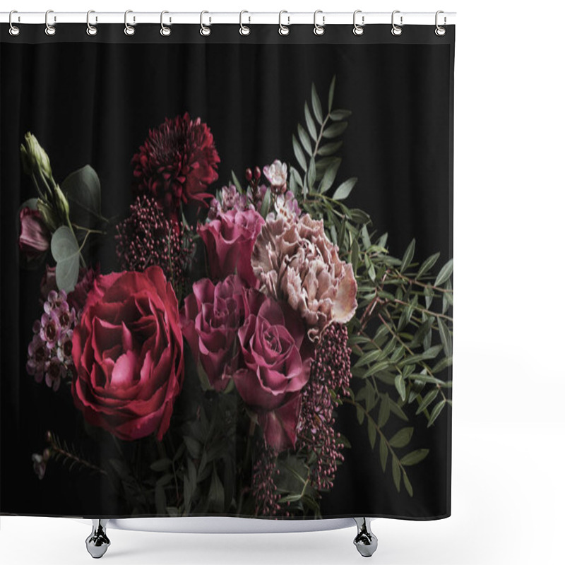 Personality  Beautiful Bouquet Of Different Flowers On Black Background. Floral Card Design With Dark Vintage Effect Shower Curtains