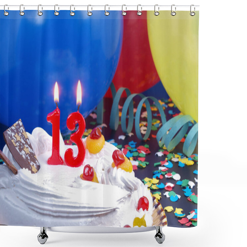 Personality  Birthday Cake With Red Candles Showing Nr. 13 Shower Curtains